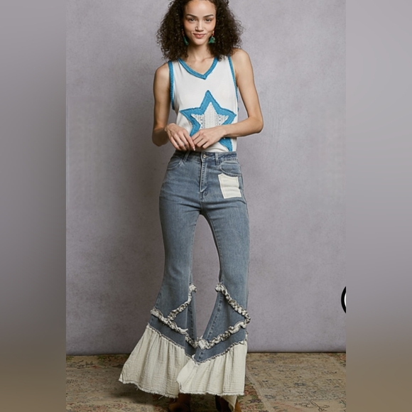 P110 NWT POL Flare Stretch Denim Twill Vintage Wash Pockets Raw Hem Sm Md Lg - Picture 3 of 14